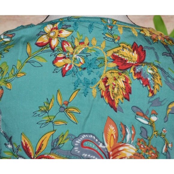 John Mark Tunic Blouse Womens M Floral Embroidery Artsy Boho Roll Tab Sleeves - Picture 9 of 14